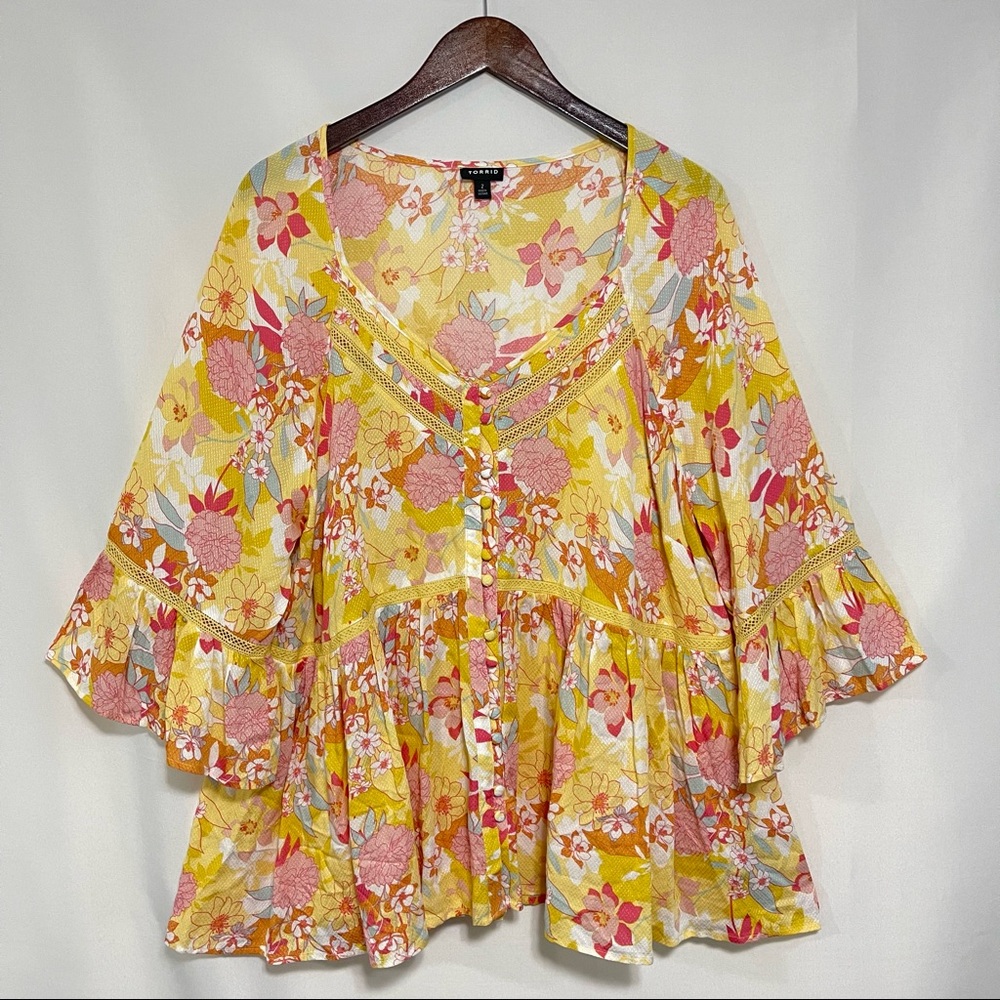 TORRID Women Floral Rayon Tunic Boho Blouse Relaxed Fit Sz 2